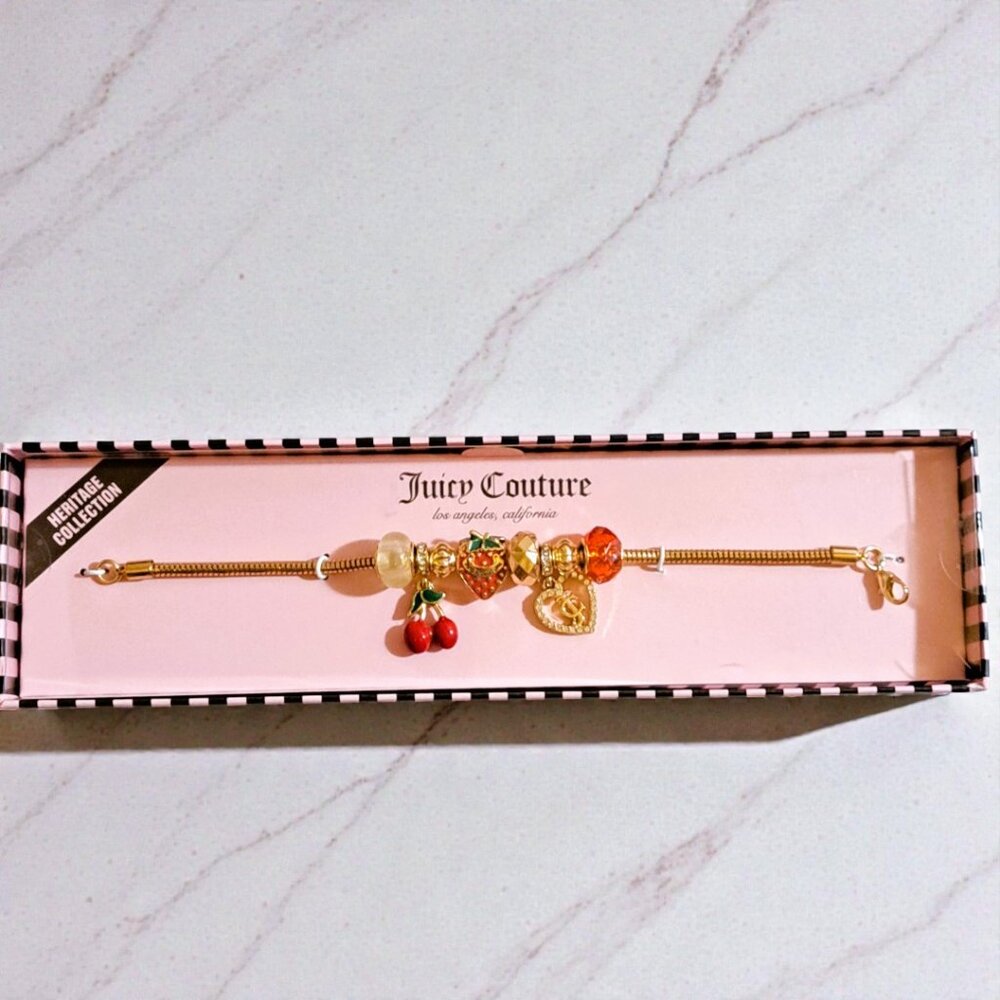 Juicy Couture Gold Red Tone Cherry & Strawberry Charm Bracelet NWT